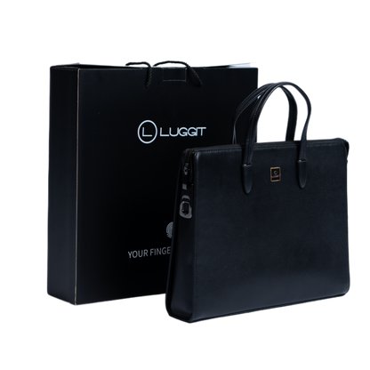 Black leather handbag with 'Luggit' branding next to a black Luggit shopping bag on a white background.