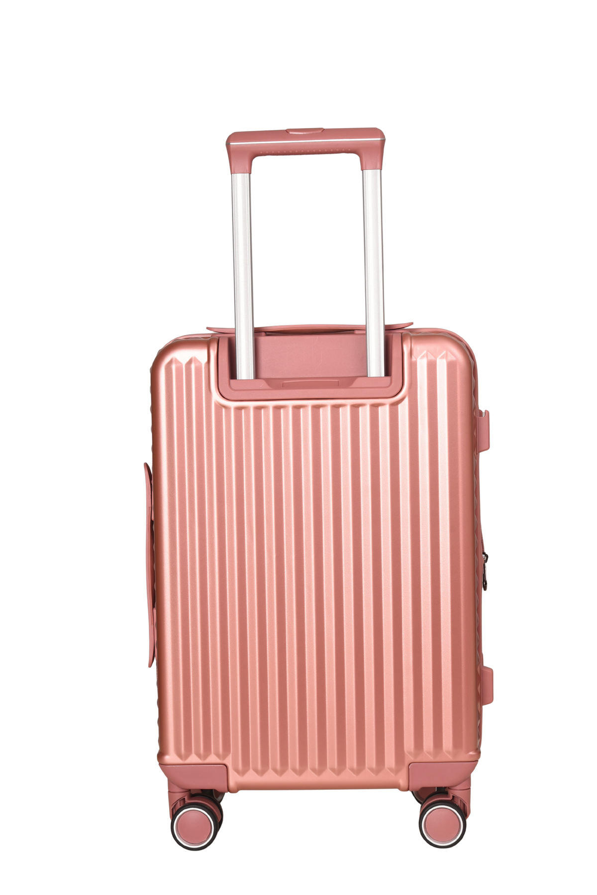 luggit  rose gold hard-shell spinner suitcase with a telescopic handle extended,