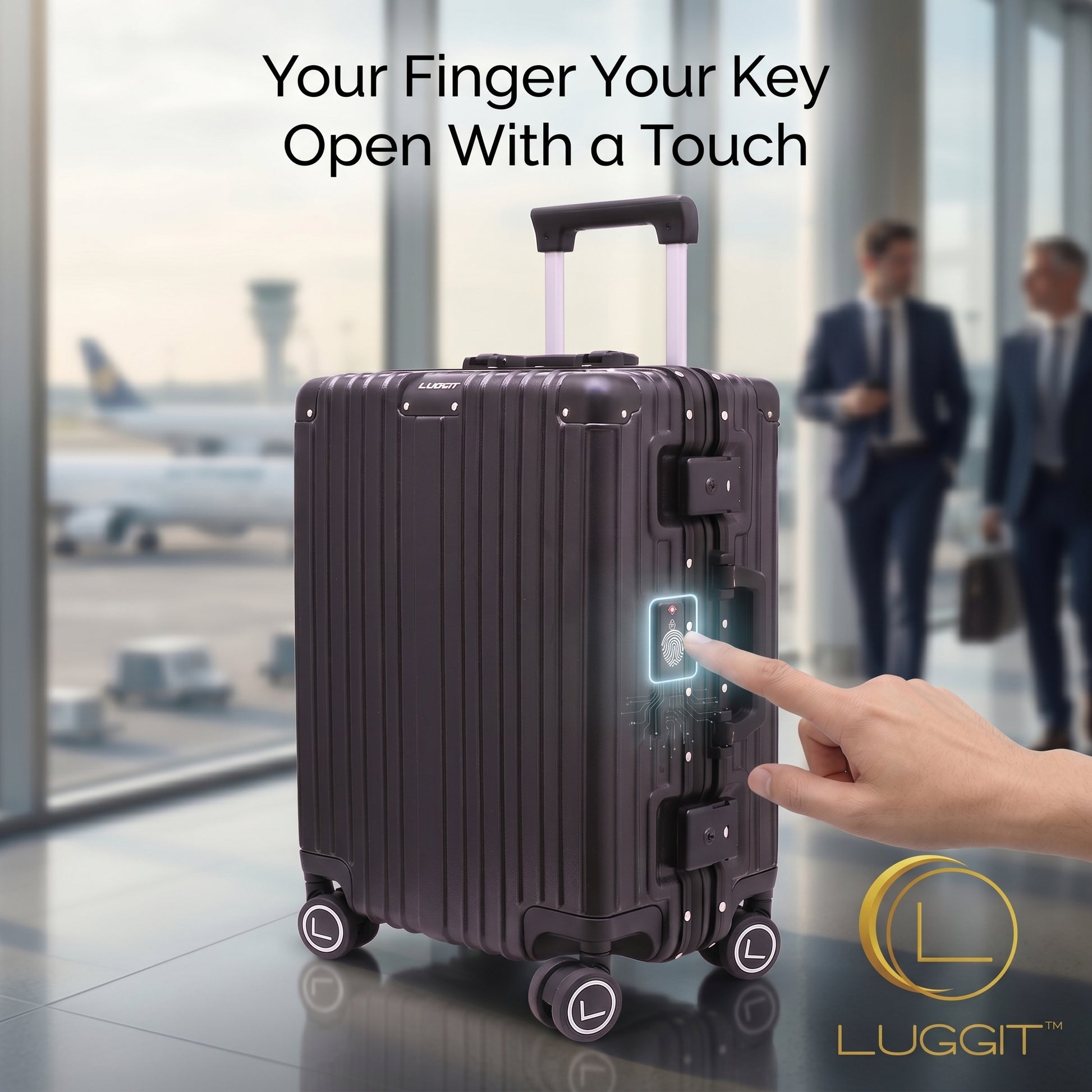 Smart suitcase with touchpad interface at an airport, featuring Luggit brand.