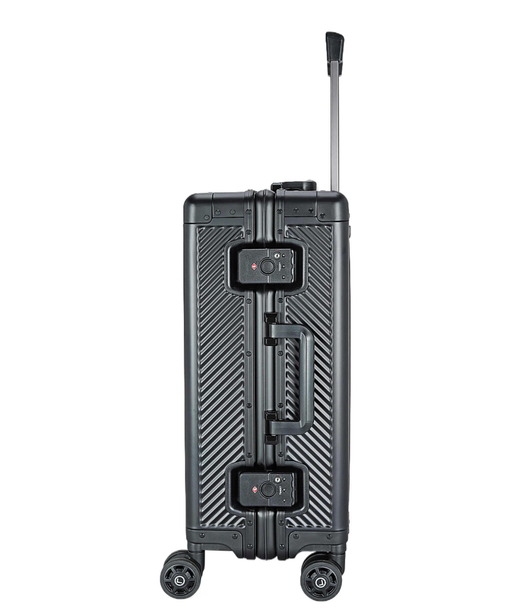 Black suitcase with wheels and handle on a white background