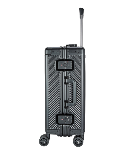 Black suitcase with wheels and handle on a white background