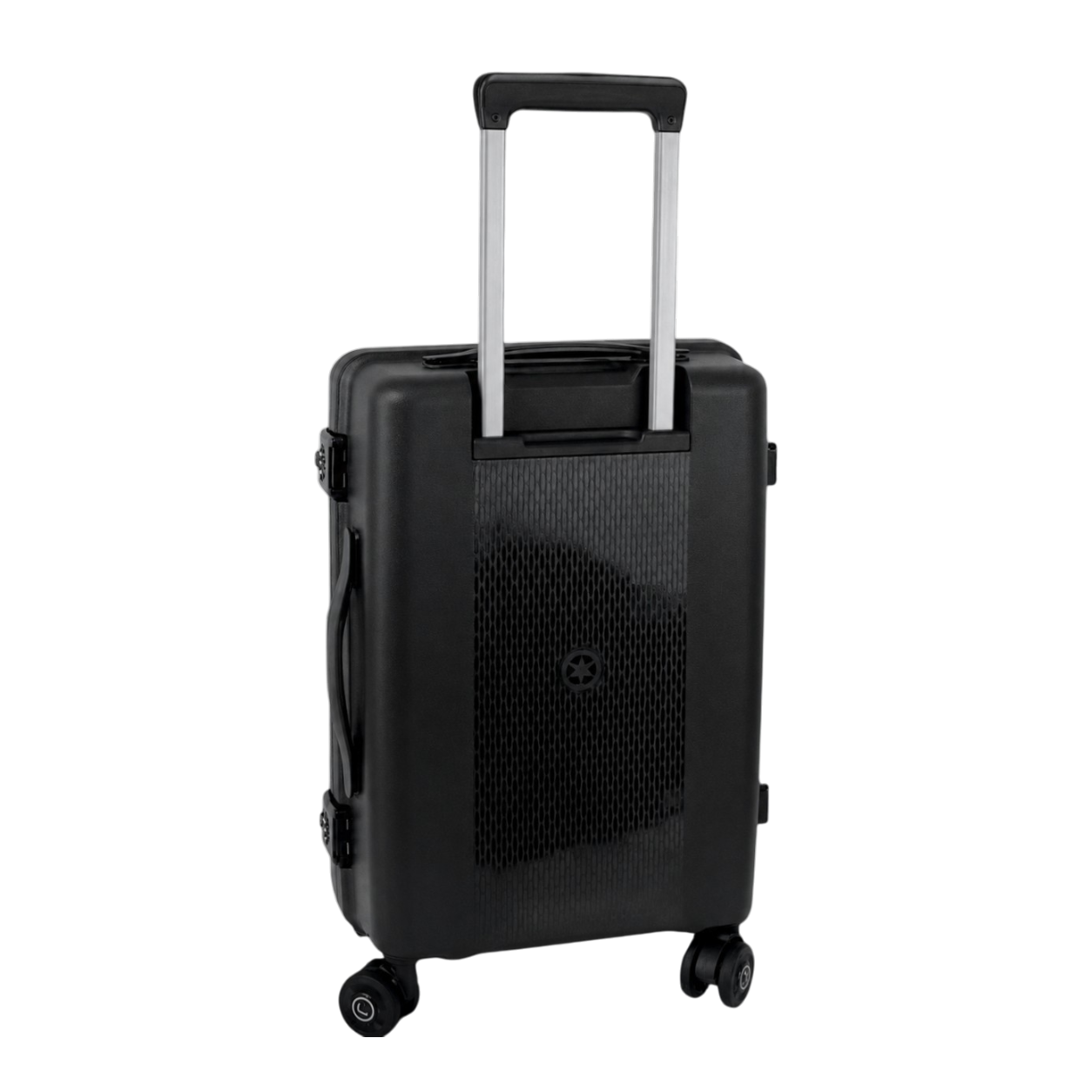 Black suitcase with wheels and a handle on a white background