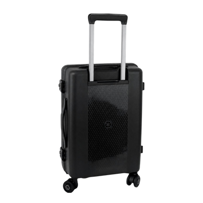 Black suitcase with wheels and a handle on a white background