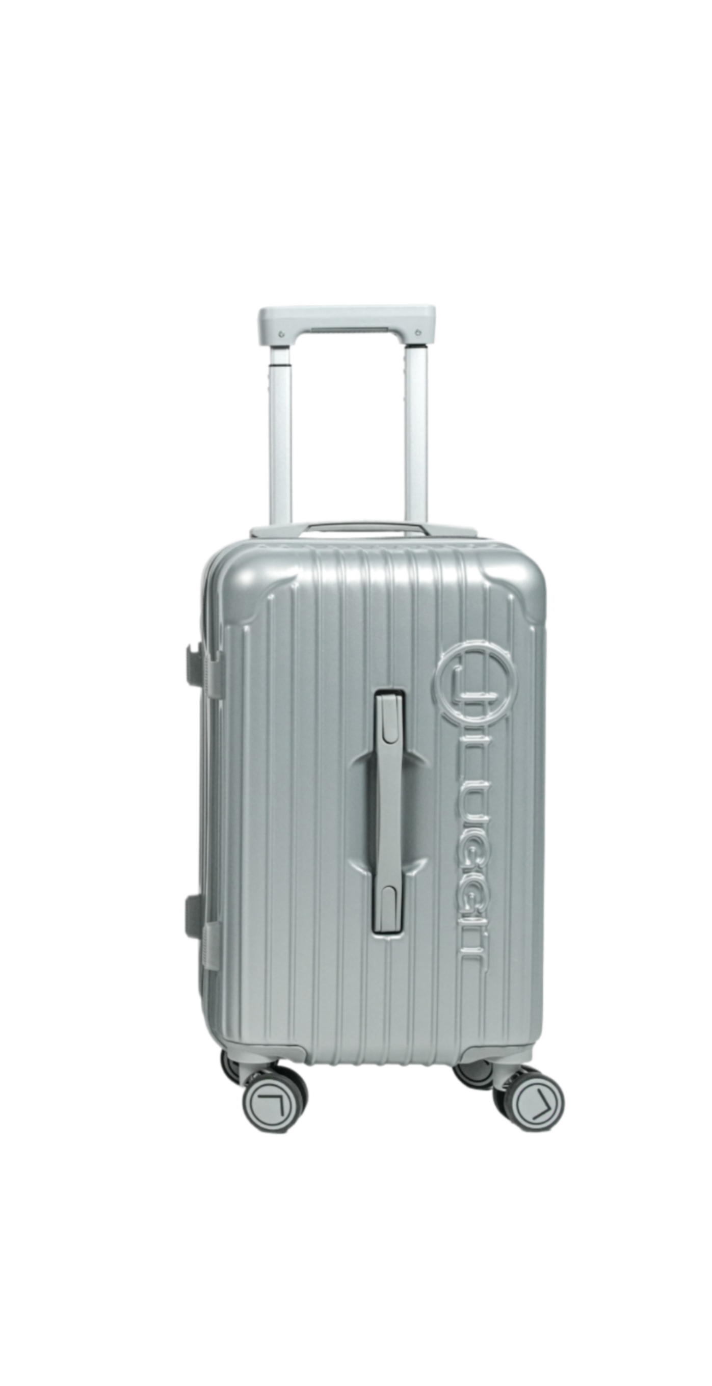 Silver suitcase with a brand logo on a white background