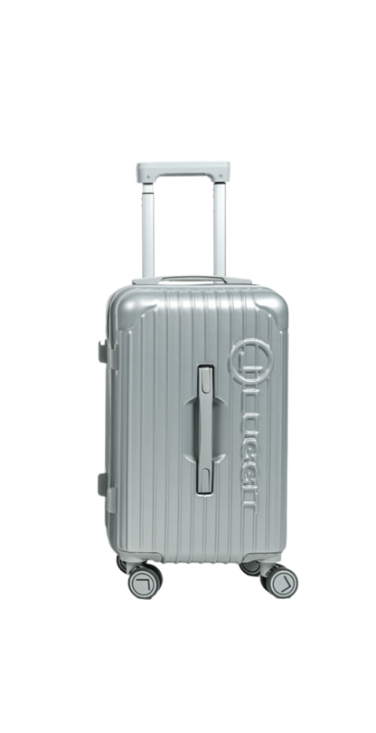 Silver suitcase with a brand logo on a white background