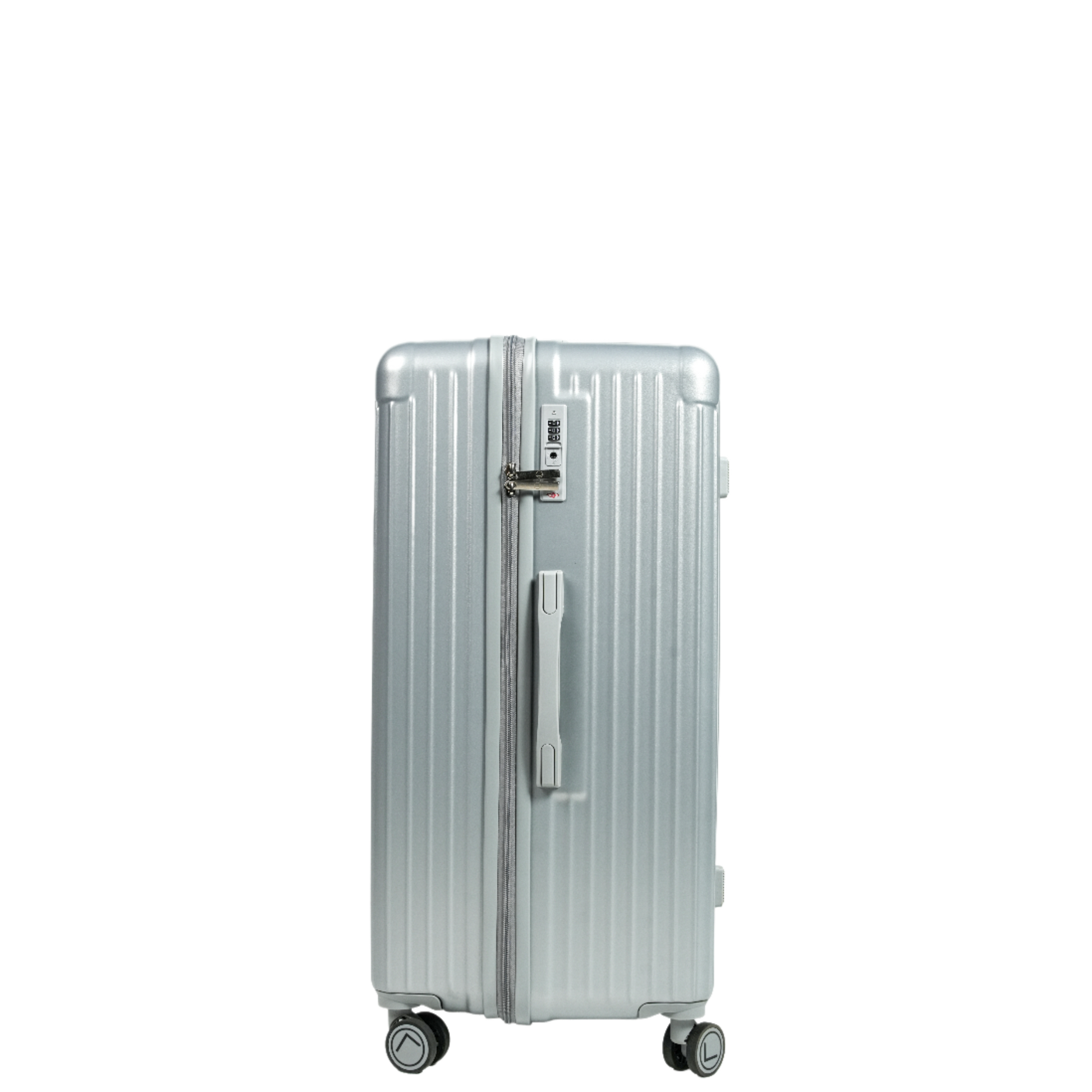 Silver suitcase with a striped pattern on a white background luggit
