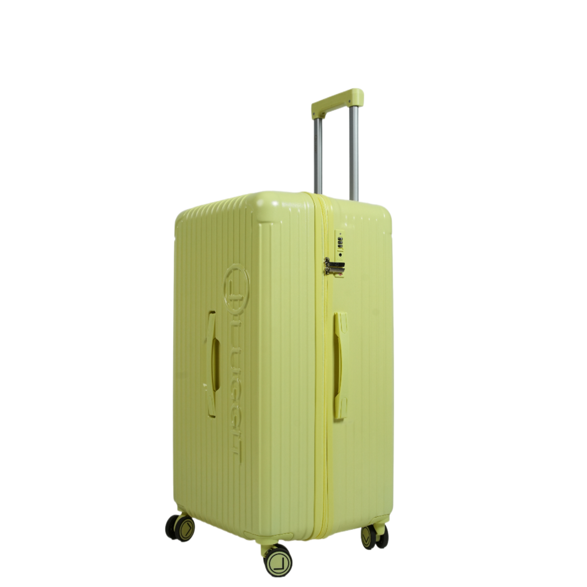 Light green suitcase with a visible brand logo on a white background