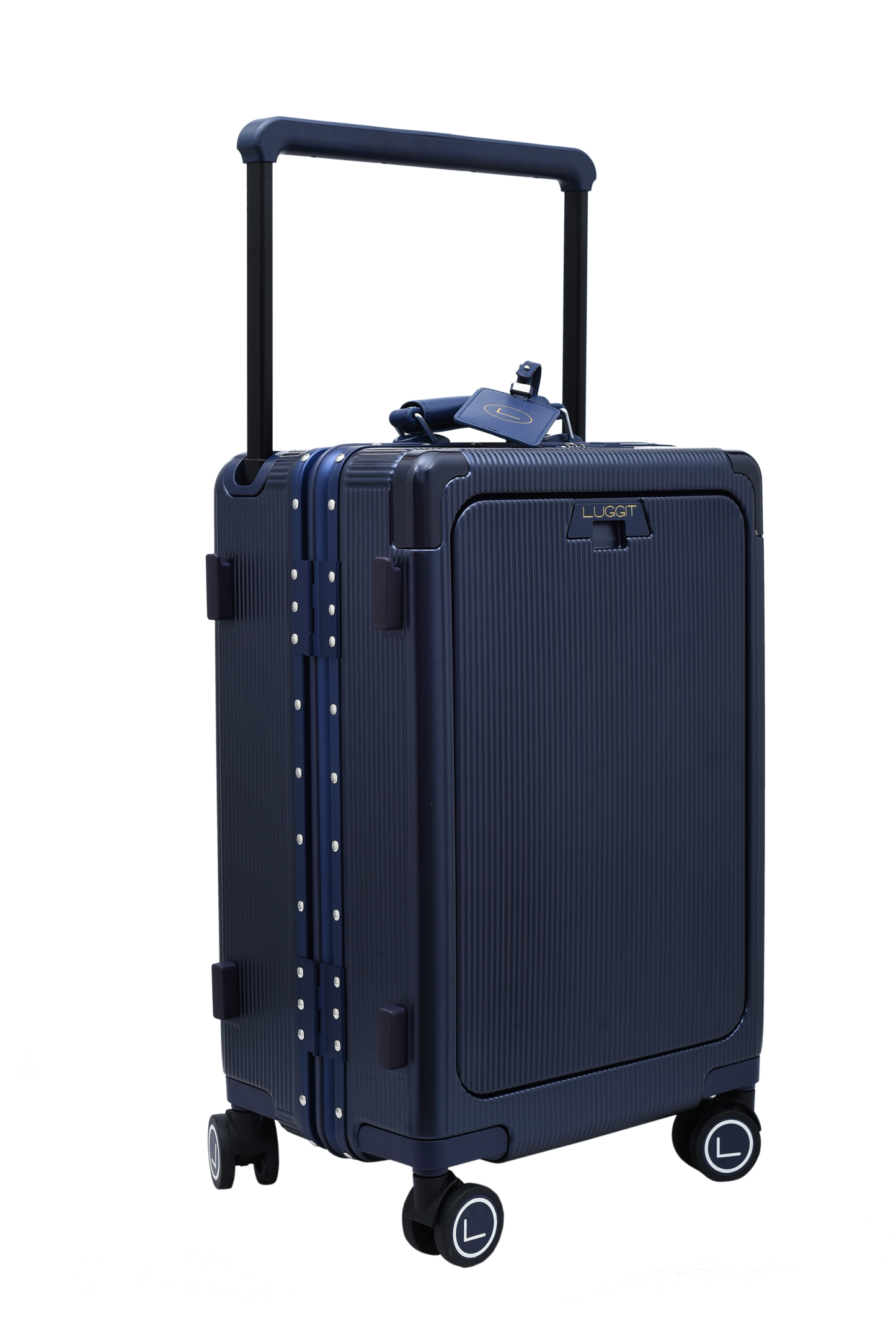 Navy blue suitcase with wheels and handle on a white background