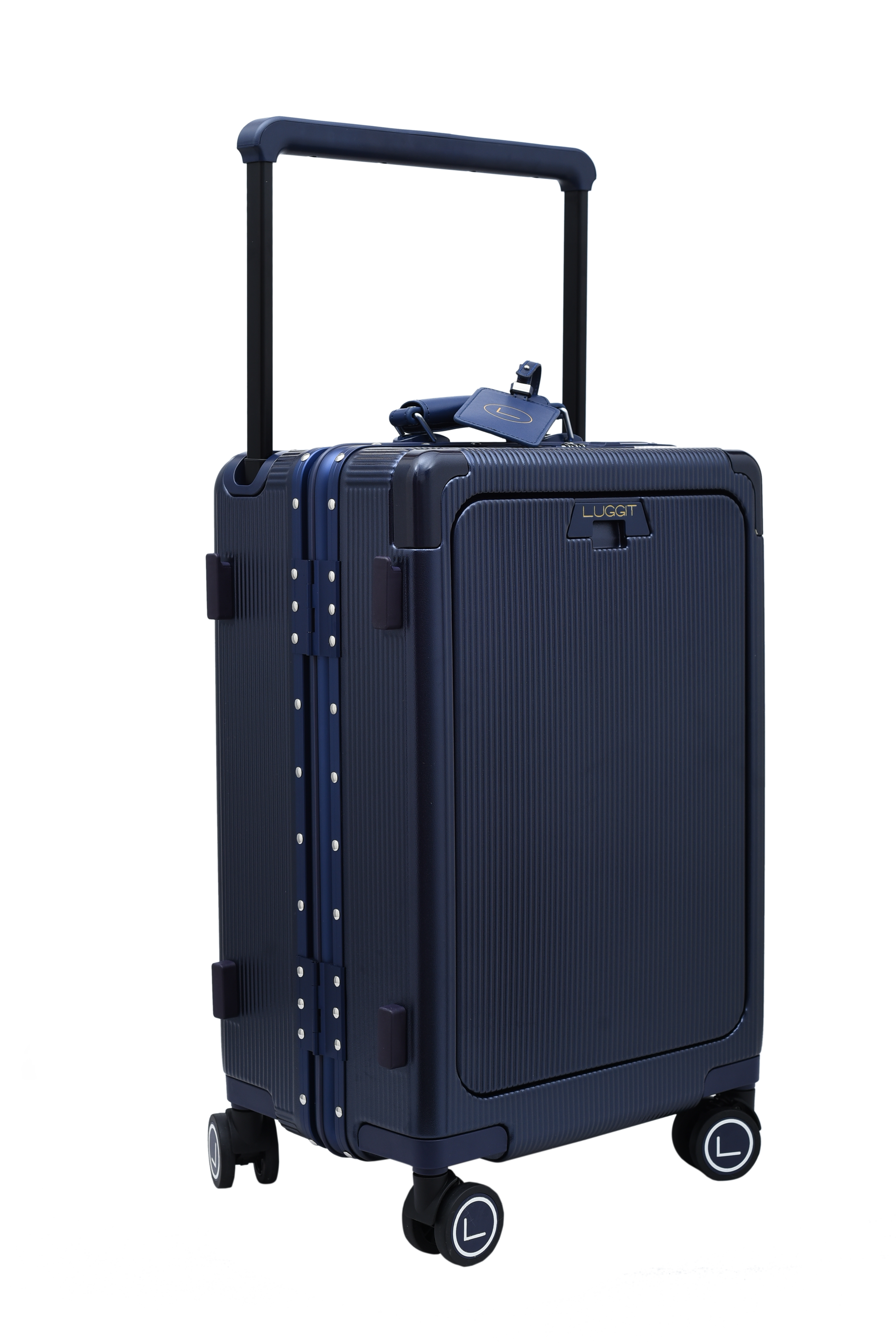 Navy blue suitcase with wheels and handle on a white background