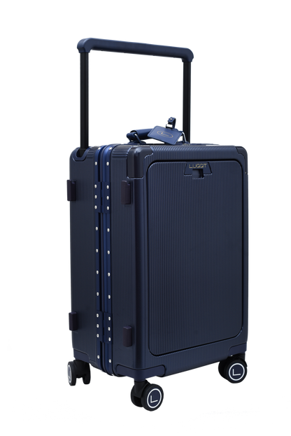 Navy blue suitcase with wheels and handle on a white background