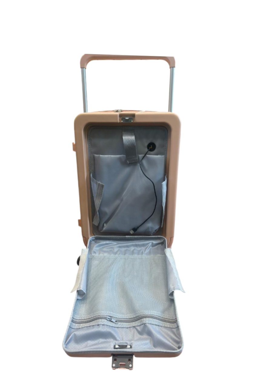 Open beige suitcase with gray interior on a white background