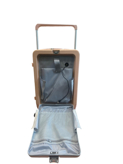 Open beige suitcase with gray interior on a white background