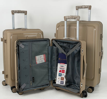 Set of beige suitcases with one open showing interior compartments on a white background