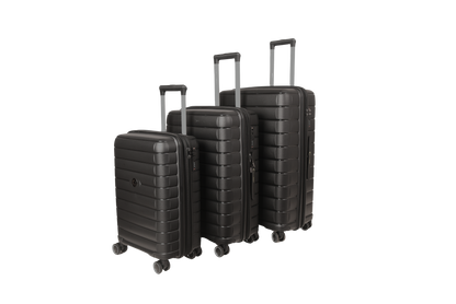 Three-piece black hardshell spinner luggage set with a ribbed texture and telescoping handles, shown on a solid white background.