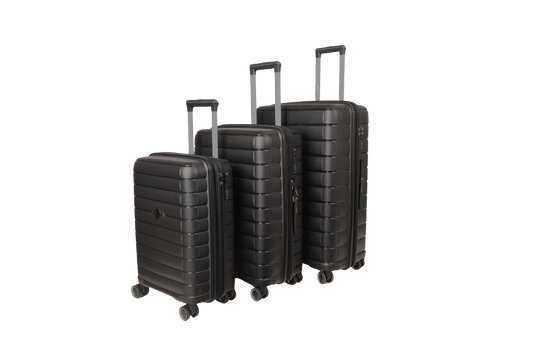 Three-piece black hardshell spinner luggage set with a ribbed texture and telescoping handles, shown on a solid white background.