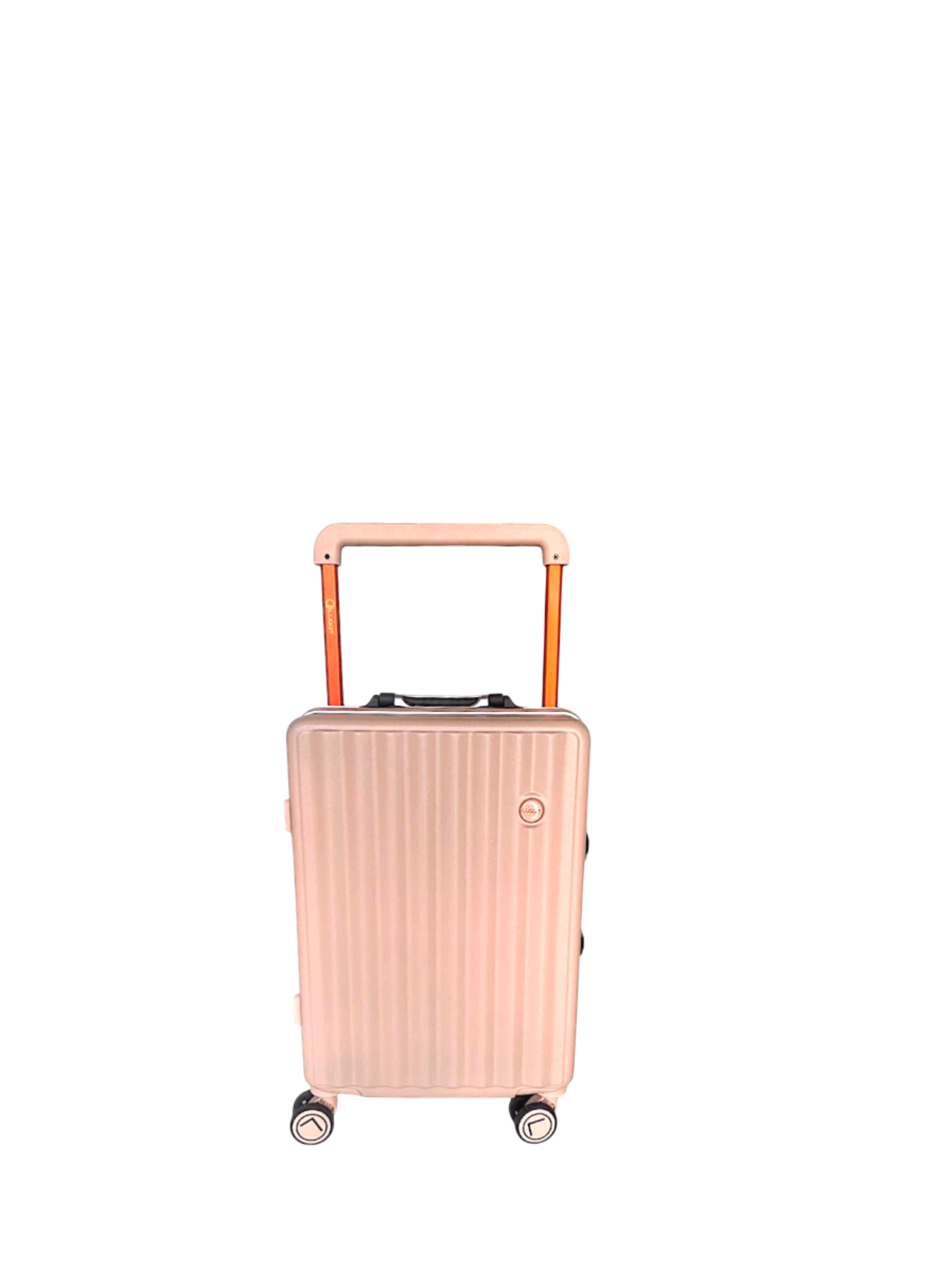 Rose gold suitcase with wheels on a white background