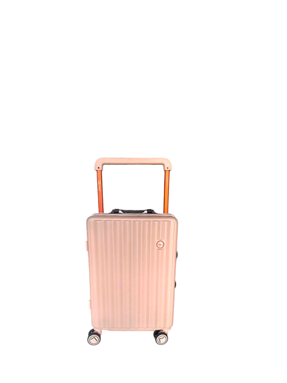 Rose gold suitcase with wheels on a white background