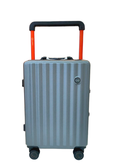 Gray suitcase with orange handle on a white background
