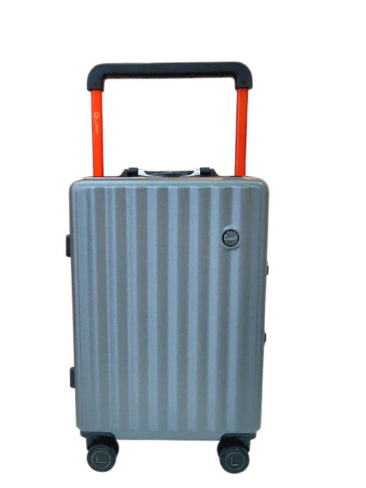 Gray suitcase with orange handle on a white background