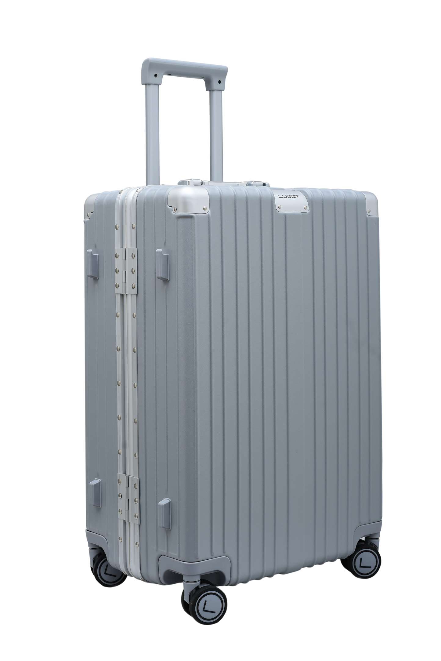 Silver suitcase with wheels on a white background luggit