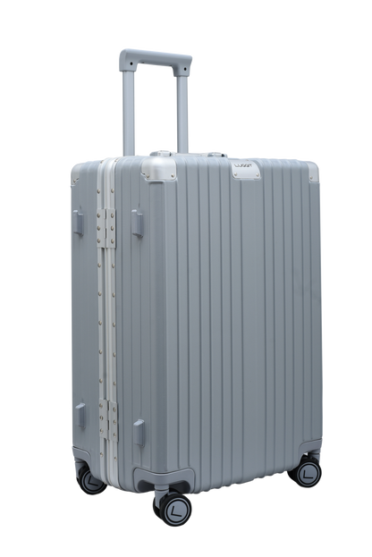 Silver suitcase with wheels on a white background luggit