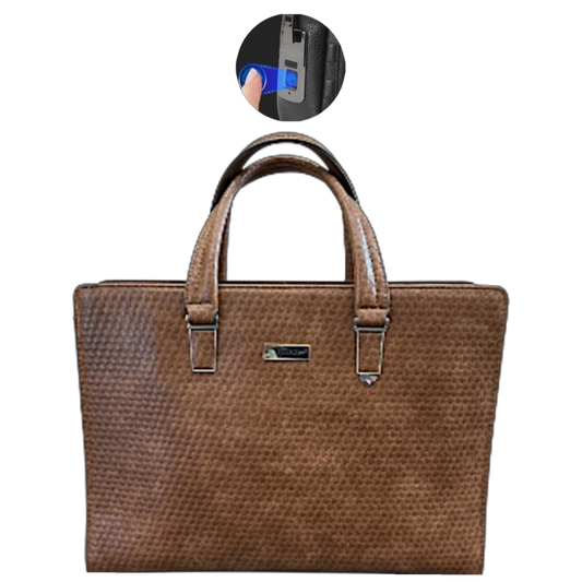 Brown textured handbag with a close-up inset showing a blue light.