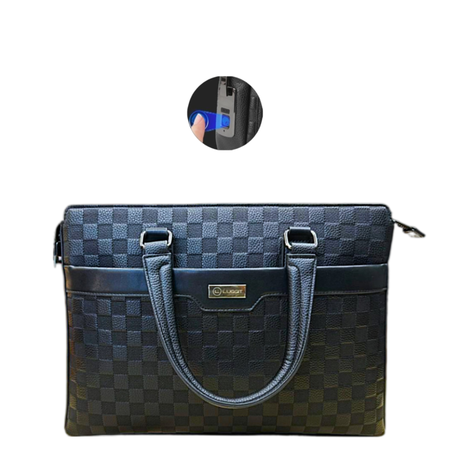 Blue checkered handbag with brand logo on a clear background