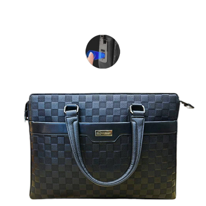 Blue checkered handbag with brand logo on a clear background