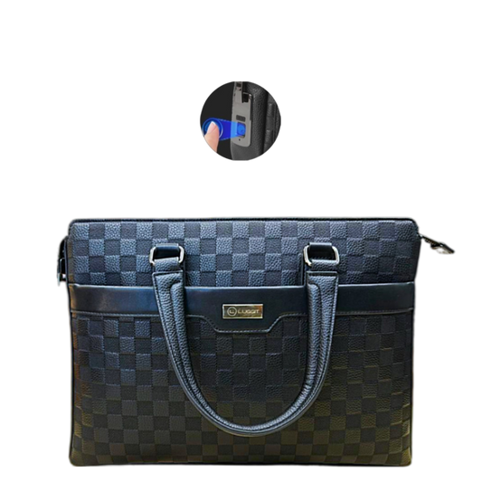 Blue checkered handbag with brand logo on a clear background