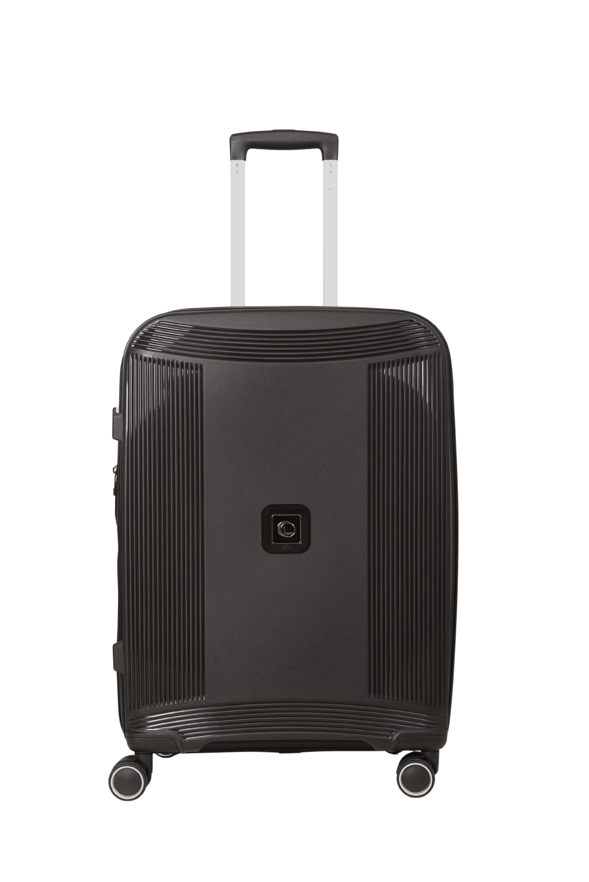 A black hard-shell spinner suitcase with a textured vertical rib design, featuring a telescoping handle extended upwards and a central square brand badge on the front.