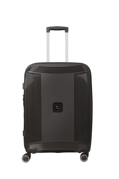 A black hard-shell spinner suitcase with a textured vertical rib design, featuring a telescoping handle extended upwards and a central square brand badge on the front.