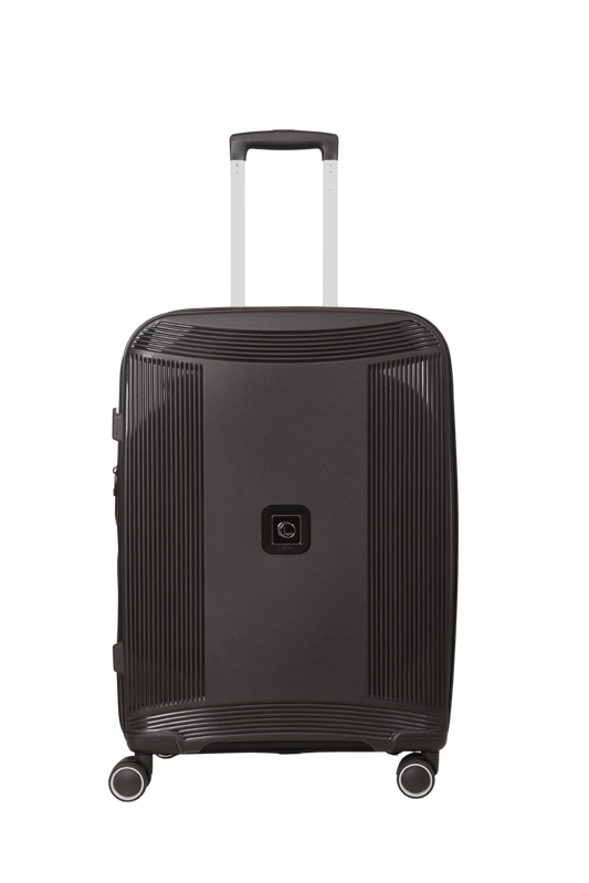 A black hard-shell spinner suitcase with a textured vertical rib design, featuring a telescoping handle extended upwards and a central square brand badge on the front.