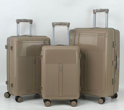 Three beige suitcases of different sizes on a white background