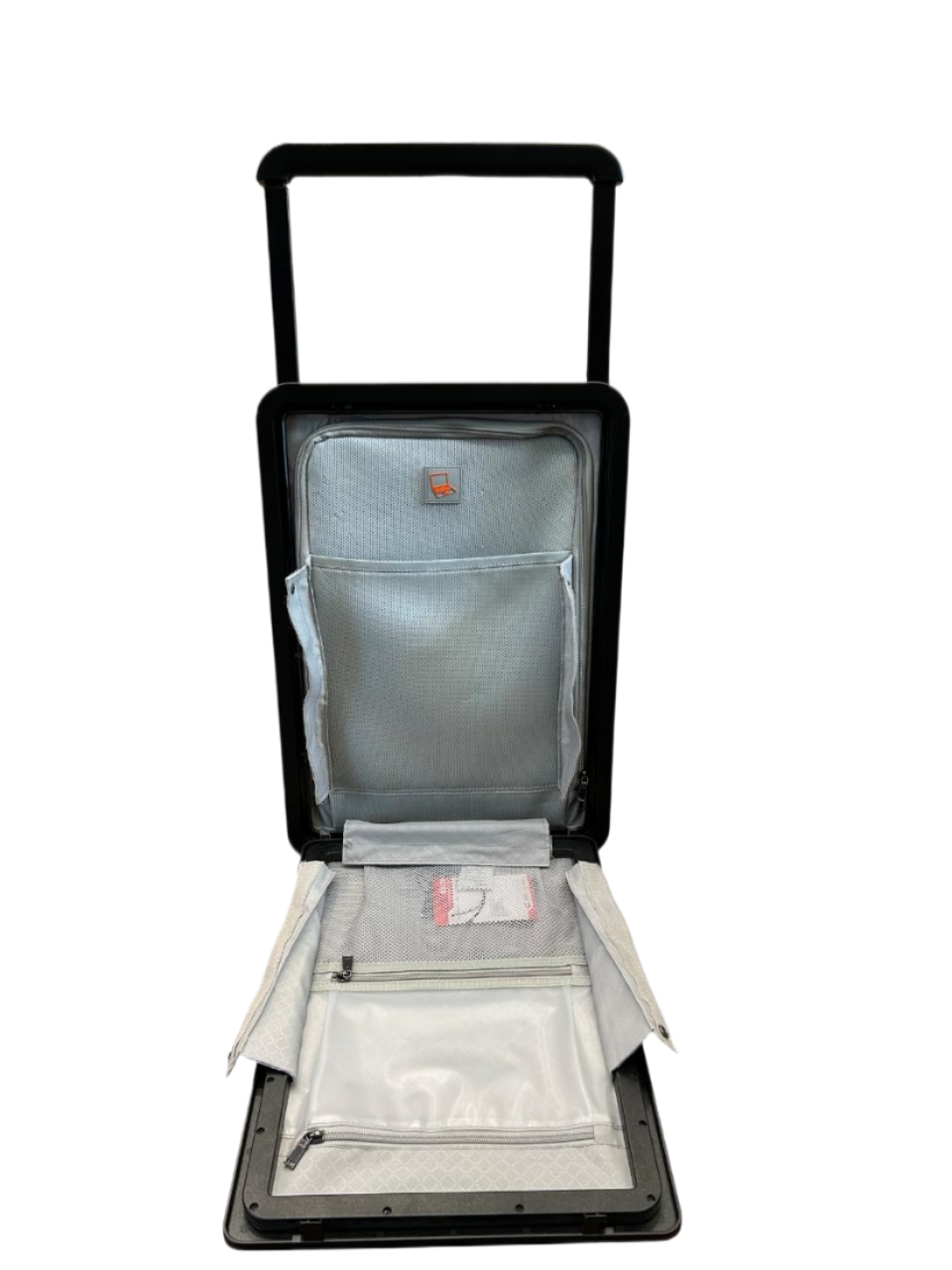 Black rolling suitcase with open lid on a white background