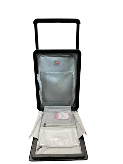 Black rolling suitcase with open lid on a white background