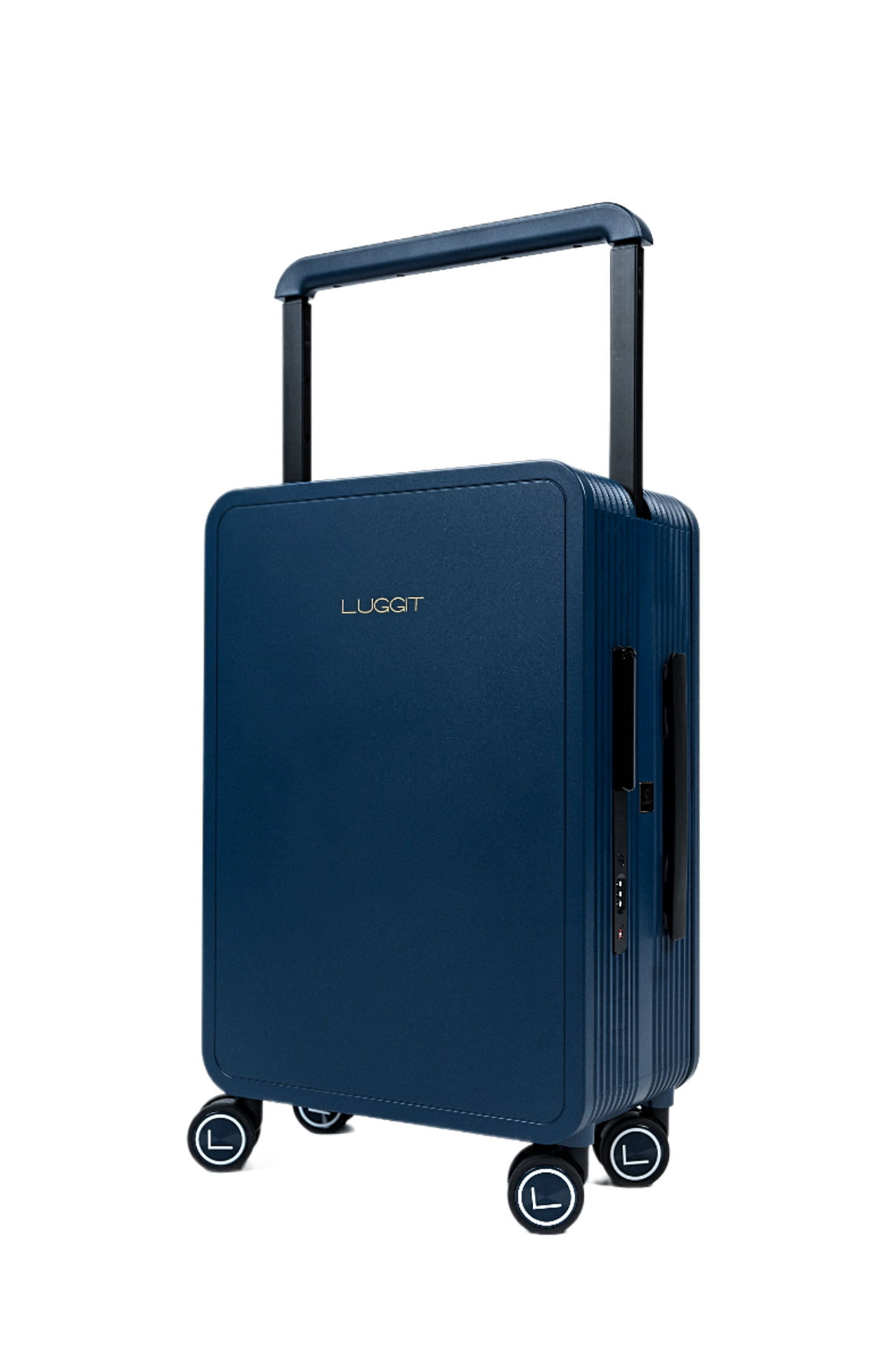 Blue suitcase with 'Luggit' branding on a white background