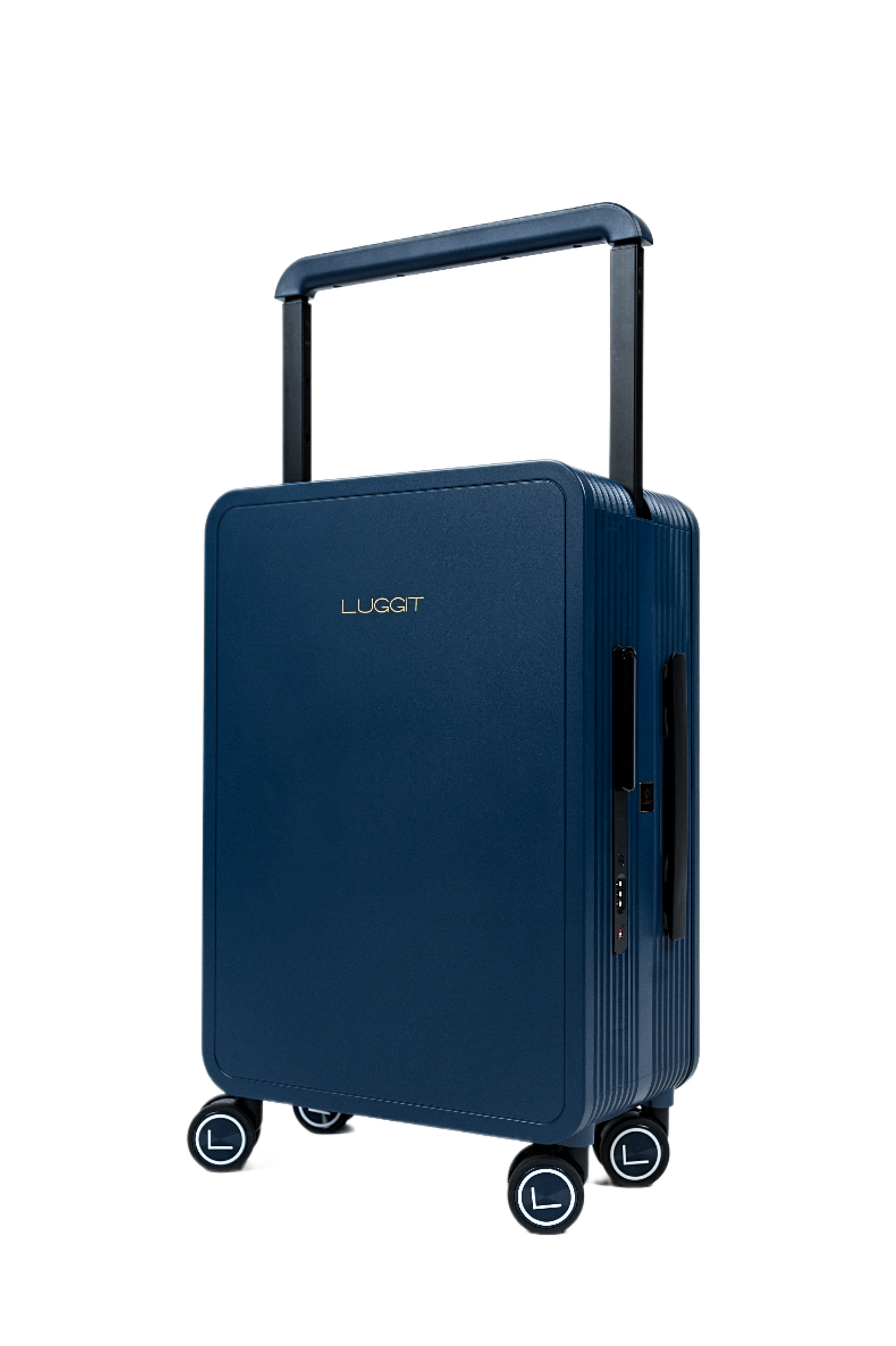 Blue suitcase with 'Luggit' branding on a white background