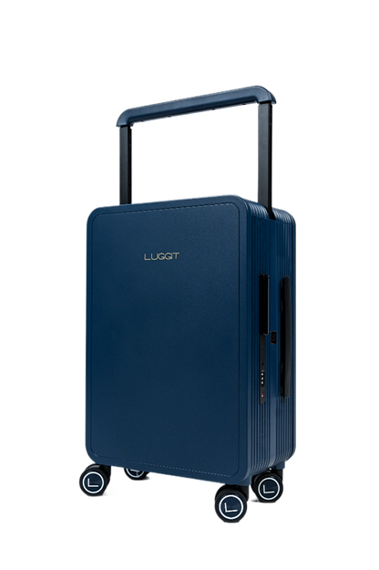 Blue suitcase with 'Luggit' branding on a white background