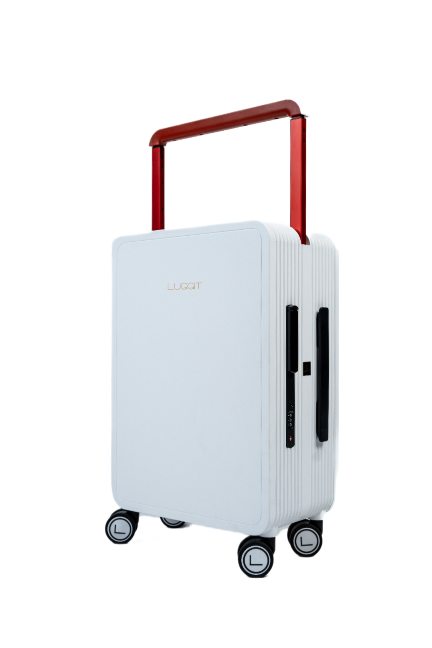 White suitcase with red handle on a white background
