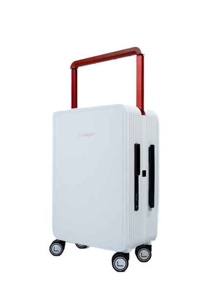 White suitcase with red handle on a white background
