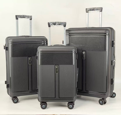 Set of three gray suitcases of different sizes on a white background