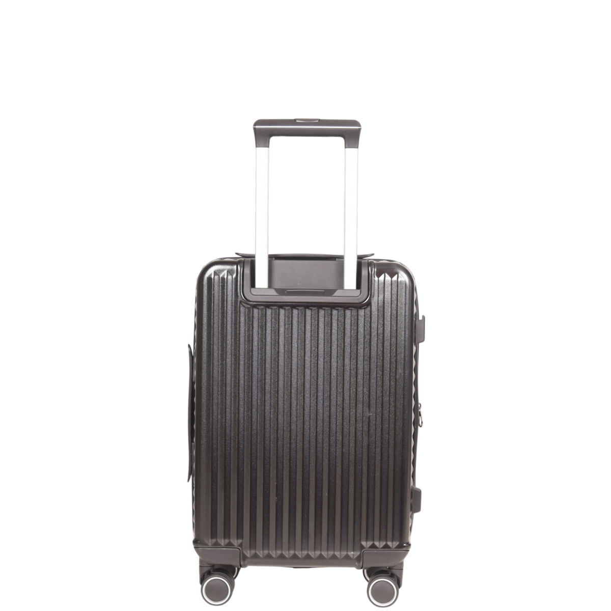 A dark gray hard-shell spinner suitcase with a telescopic handle extended, shown from the front against a plain white background.