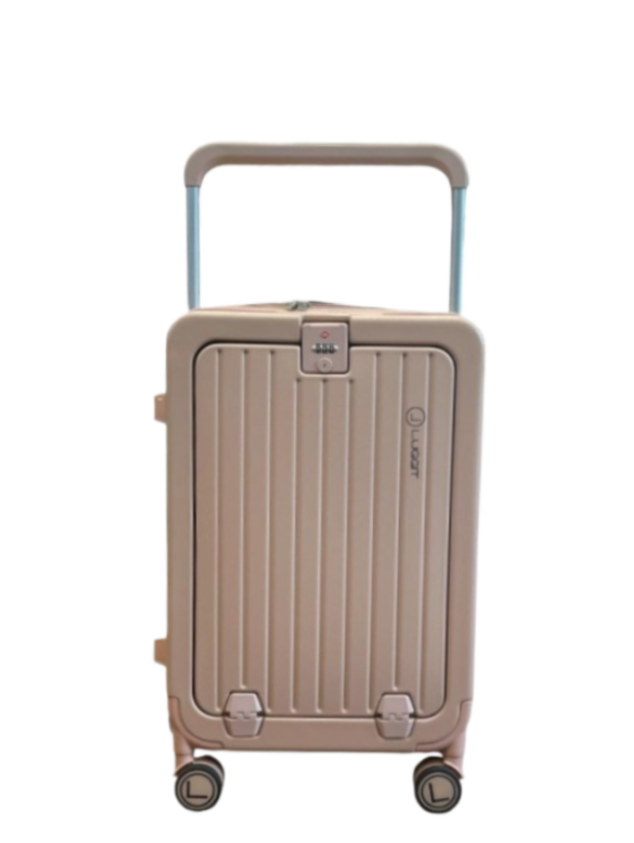 Beige suitcase with wheels and handle on a white background luggit