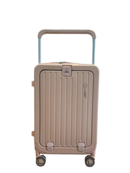 Beige suitcase with wheels and handle on a white background luggit