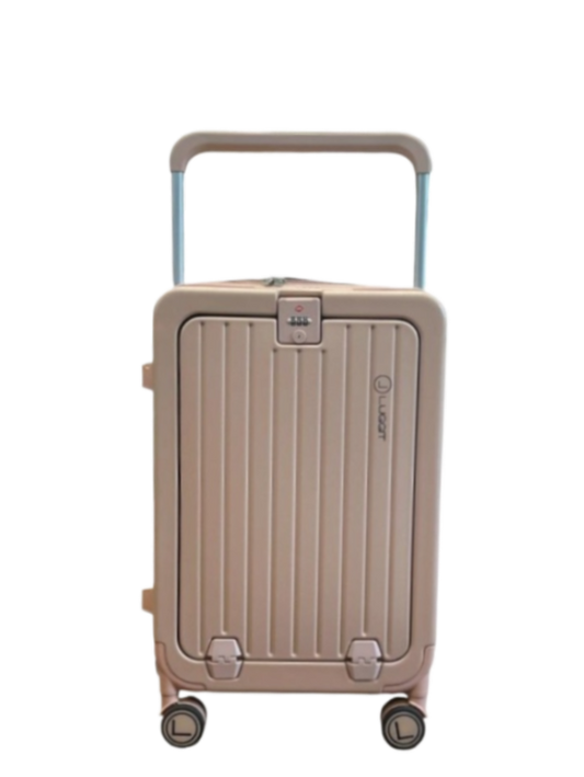 Beige suitcase with wheels and handle on a white background luggit