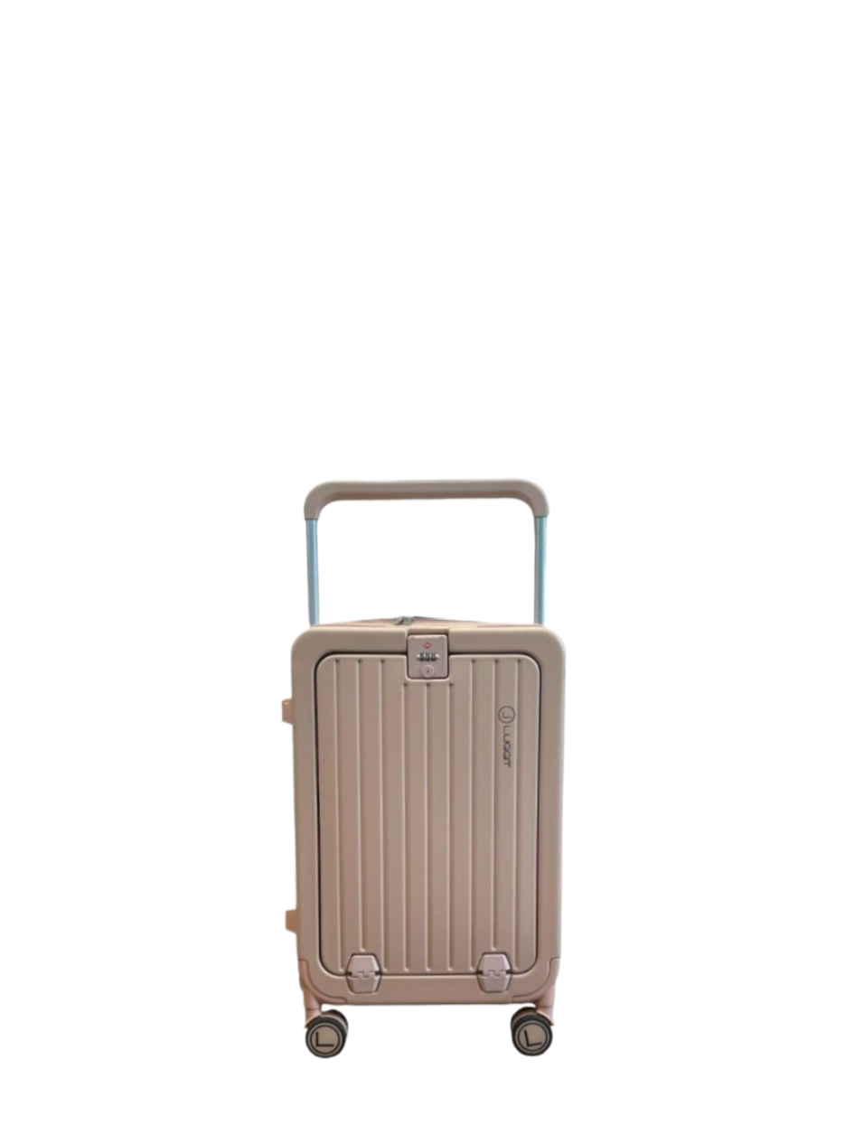 Beige suitcase with wheels on a white background
