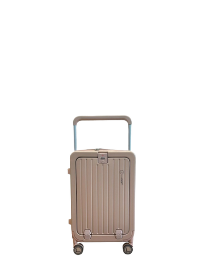 Beige suitcase with wheels on a white background