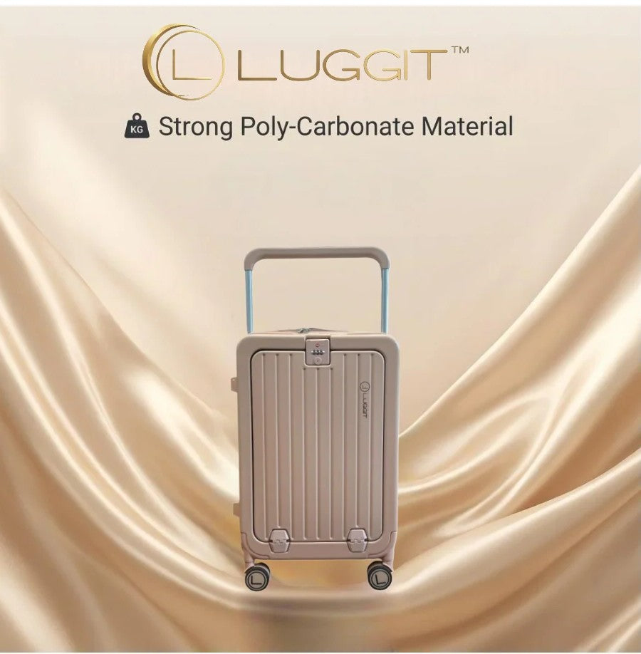 Luggit suitcase with 'Strong Poly-Carbonate Material' text on a beige background luggit