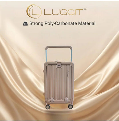 Luggit suitcase with 'Strong Poly-Carbonate Material' text on a beige background luggit