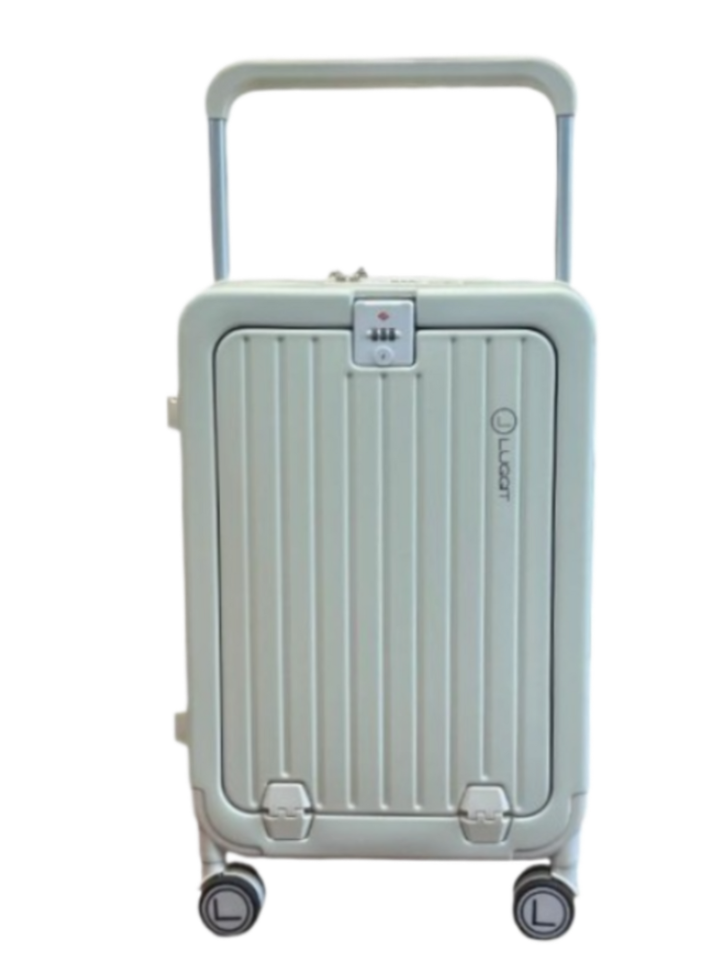 Light gray suitcase with wheels on a white background